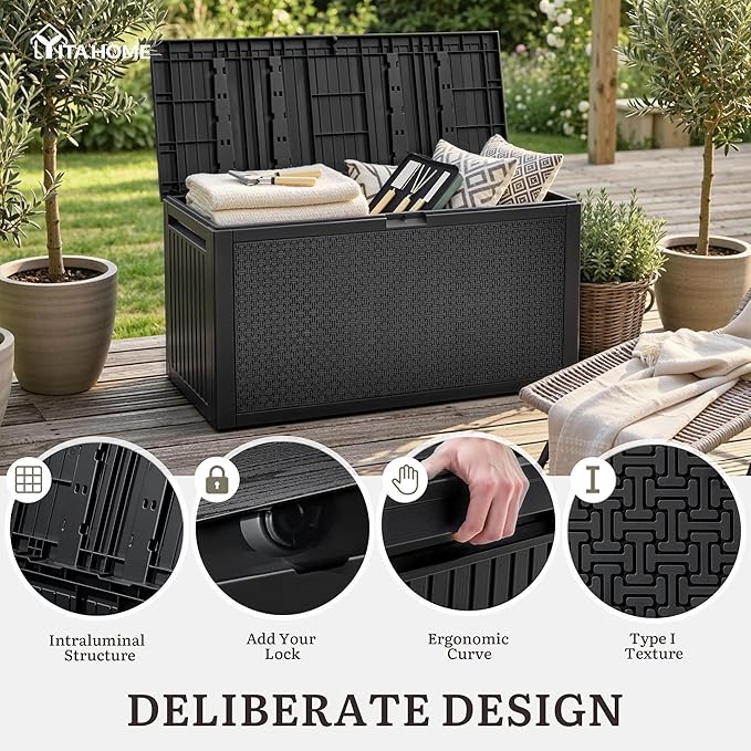 YITAHOME 90 Gallon Outdoor Storage Deck Box, Waterproof Resin Deck Box w/Handles, Lockable Outdside Deck Box for Patio Furniture, Garden Tools, Lockable & UV Resistant(Black)