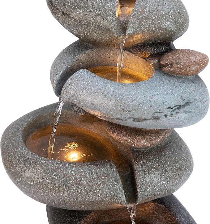 Glitzhome Water Fountain Outdoor, 5-Tiered Stacked Pebbles Outdoor Fountain with LED Lights and Pump, 24.5" H Zen Style Polyresin Waterfall Fountain Water Feature for Garden, Yard, Patio, Porch Decor