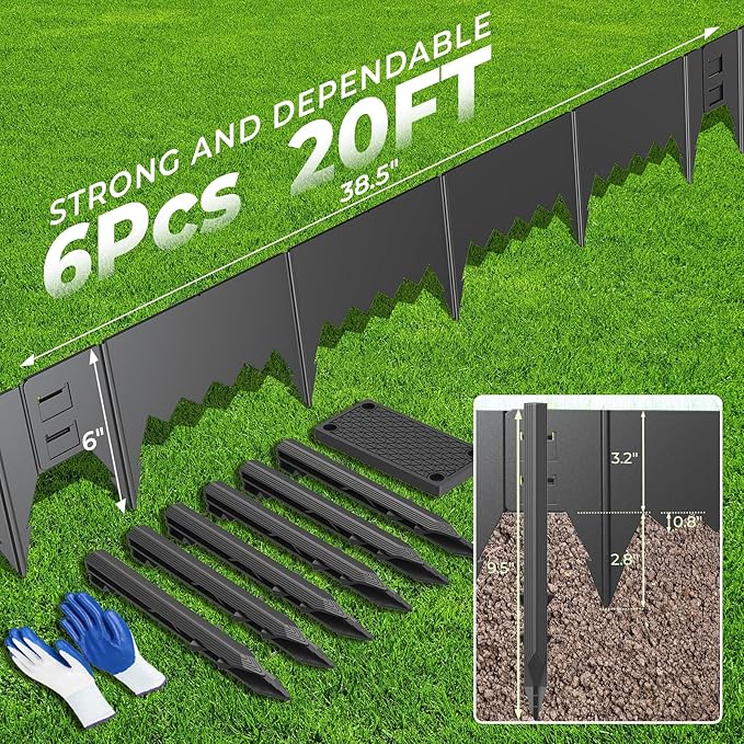 6-Pack Heavy Duty Metal Garden Border(20FT), 6 in *37 in Hammer-in Landscape Edgings with 6 Pcs Plastic Stakes, Bendable Lawn Edgings for Yard, Tree Rings, Lawn,Pathway-Black