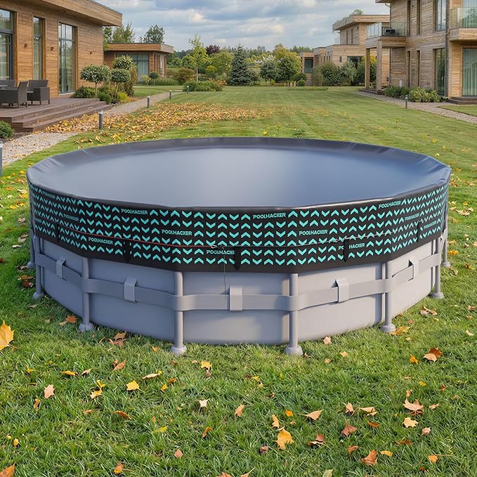 POOLHACKER 16 FT Round Pool Cover 420D Swimming Pool Cover for Above Ground Pools, Solar Pool Cover with Steel Cable & Pulley Tightening, Windproof and UV Resistant