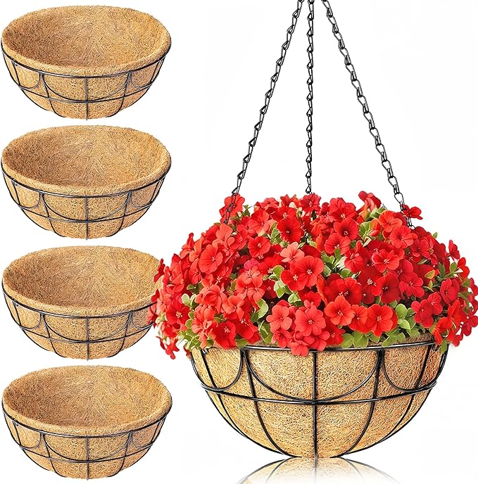 12 Inch 4 Pack Hanging Baskets Planters for Outdoor Plants - Wire Hanging Baskets Plant for Plants Outdoor with Coco Liners Minimalist Metal Hanging Pots for Outside Garden Patio Porch Decor
