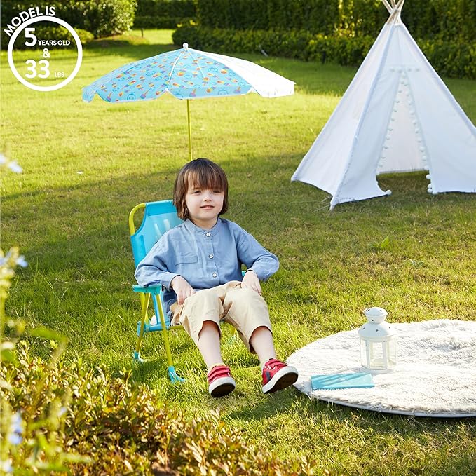 CoComelon Kids Folding Beach Chair with Umbrella – Outdoor Portable Chair for Ages 3+, Lightweight with Safety Lock, Perfect for Beach, Park, or Backyard
