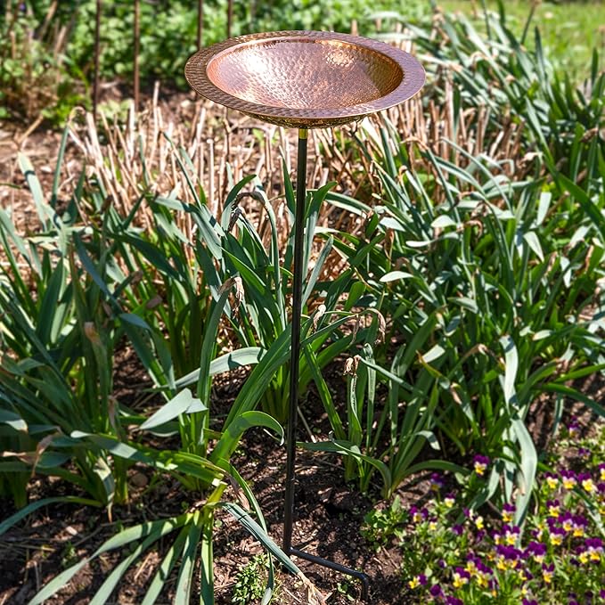 Sunnydaze Standing Copper Bird Bath or Bird Feeder - Detachable Hand-Hammered Bowl with Stake - 33” H