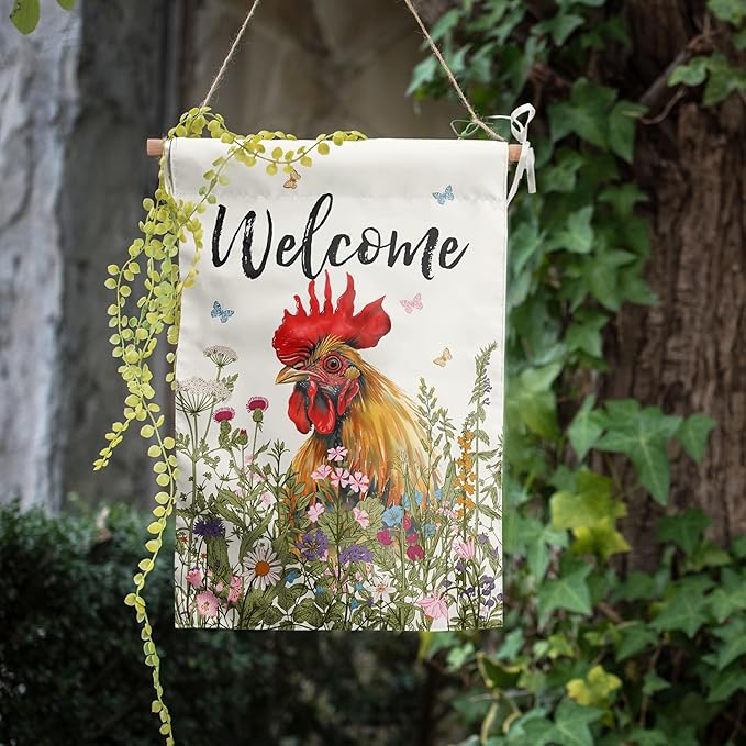 Floral Chicken Garden Flag Spring Summer House Flags 28x40 Double Sided Farmhouse Rooster Yard Flags for Outside Large Outdoor Welcome Flags Farm Chicken Coop Decor