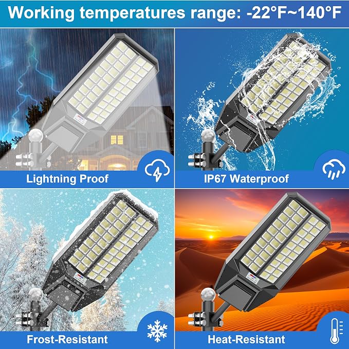 10000W Solar Street Light - 300000 Lumens, Dusk-to-Dawn, Waterproof, Ideal for Commercial & Outdoor Parking Lots - Energy-Efficient Solar-Powered, 4-Pack