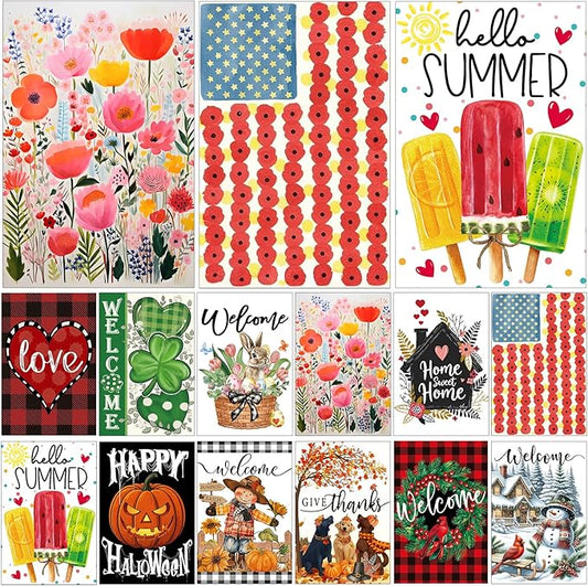 Seasonal Garden Flag Set of 12 Double Sided 12 x 18 Inch Small Yard Flag for Outside, Fall Give Thanks Christmas Valentine's Day Easter Outdoor Décor for All Seasons