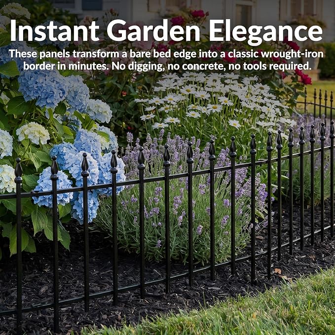 Sunnydaze Decorative Garden Fence Border - 22 in W x 18 in H No Dig Metal Edging for Flower Beds, Yard, Lawn, Pathways and Landscaping - Roman Finial Design - 9ft - 5 Panels - Black