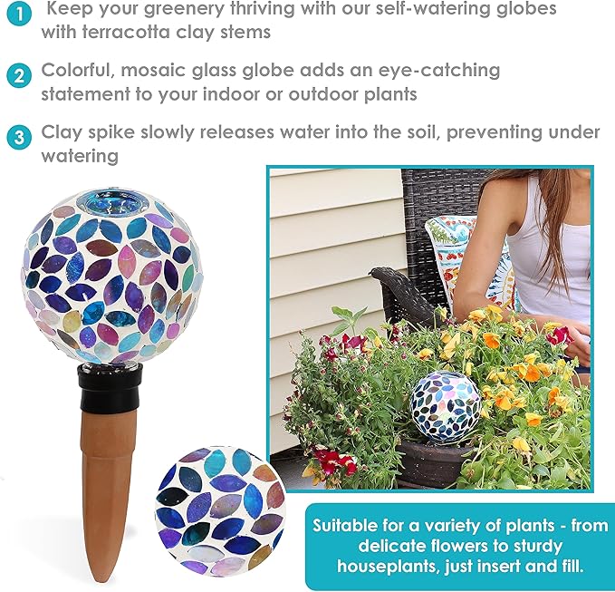 Sunnydaze Mosaic Glass Plant Watering Globe with Clay Spike - Decorative Self-Watering Planter Insert - Water Dripper for Plants - 9.5" - Spring Petals - Set of 24