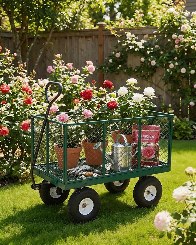 GarveeTech 1000LBS Heavy Duty Steel Garden Cart, Garden Wagon Cart on Wheels, Metal Yard Utility Wagon with Removable Mesh Sides, 13" All Terrain Tires, 180° Rotating Handle for Lawn, Garden, Farm