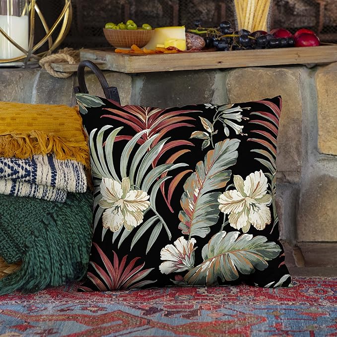Arden Outdoor Toss Pillow, 16 x 16, Rain-Proof, Fade Resistant Simone Black Tropical