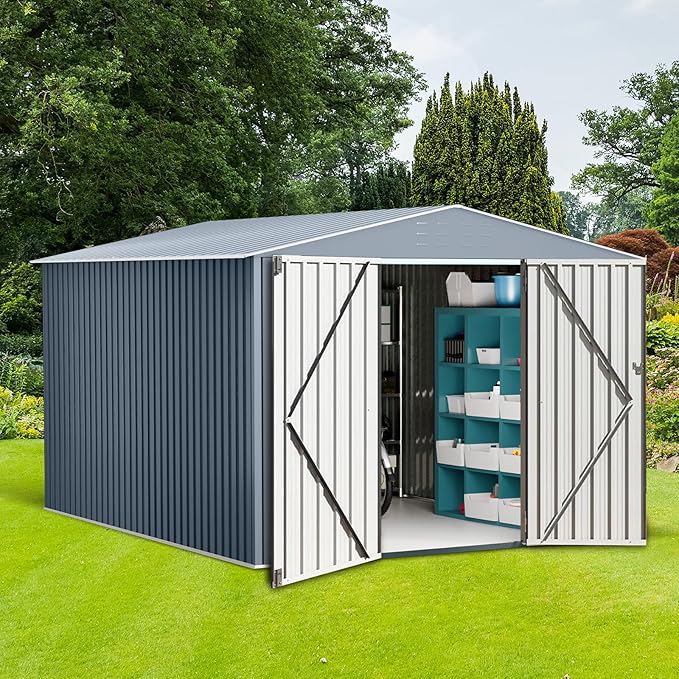 8x12 ft Metal Storage Shed, Outdoor Garden Tool Sheds with Sturdy Frame Structure, Large Metal Storage Shed with Lockable Door for Garden, Lawn, Backyard, Grey