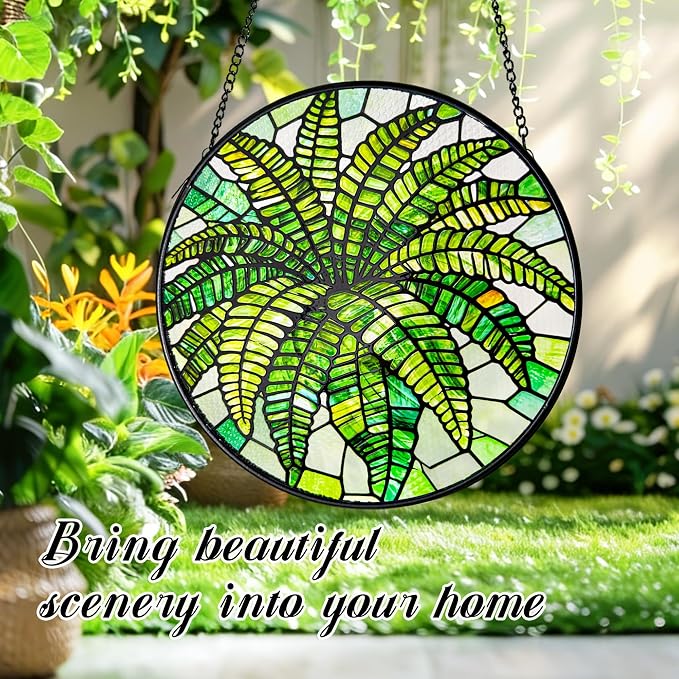 Plant Suncatcher Glass, Stained Glass Suncatcher Plant Window Hanging, Unique Nature Lover Gifts Leaf (Green Fern)