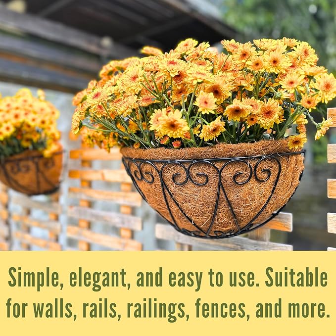 LaLaGreen Bundle- 4-Pack, 12 Inch Metal Basket with Coco Liner + 2-Pack, 12 Inch Hanging Basket with Coco Liner Flower Plant Holder Hanger Fence Rail Deck Patio Semi Round Balcony Garden Decor Outdoor