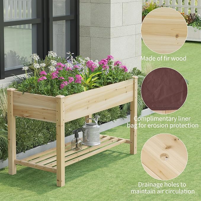 Raised Garden Bed with Legs Elevated Wooden Planter Box Stand Large Planter Stand Box for Fruits Vegetables Flowers with Divider with Bag - 48 * 24 * 30.5IN
