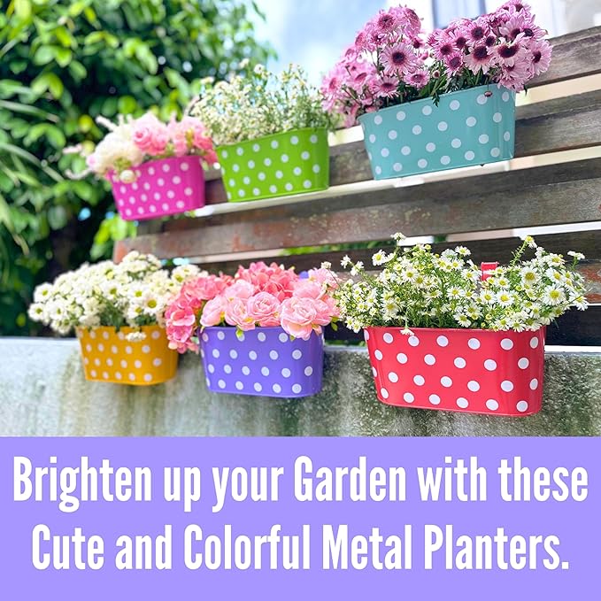 LaLaGreen Rail Planter Outdoor Plants (17 Inch, 6 Pack) Medium Colorful Metal Planters Iron Hanging Flower Pots Balcony Box Plant Holder Deck Railing Fence Herbs Garden Modern Porch Home Decor