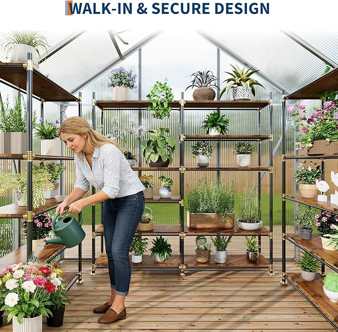 6x4FT Greenhouse for Outdoors, Walk-in Polycarbonate Greenhouse with Sliding Door, Adjustable Roof Vent & Gutter System, Portable Outdoor Green House Kit for Winter Gardening