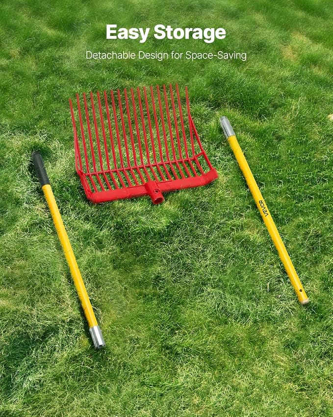 VEVOR Manure Fork, 18 Angled Tines, Horse Manure Rake with Long Fiberglass Handle, 61 in Durable Plastic Pitchfork Muck Rake Tool for Gardening Horse Stall Stable Grass Hay Cleaning Farm Work