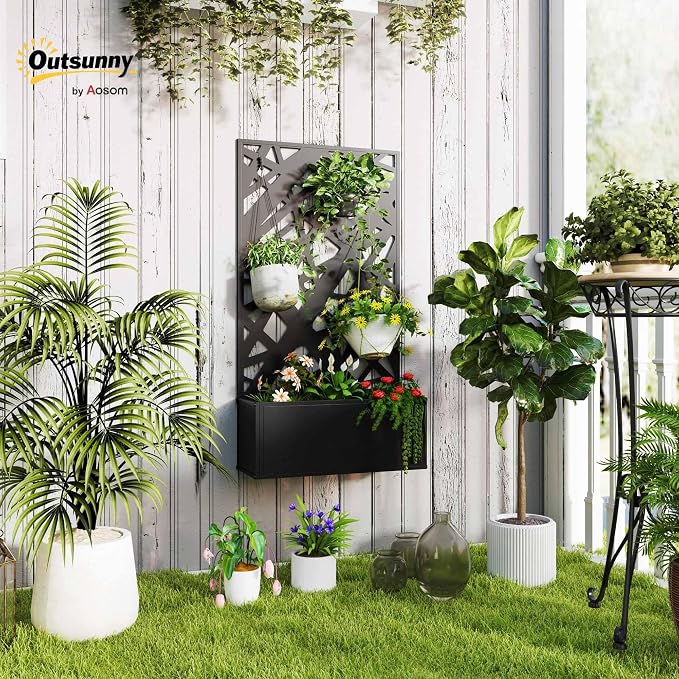 Outsunny Metal Raised Garden Bed with Trellis for Climbing Plants, Freestanding or Wall Mounted Flower Bed with Privacy Panel, Irregular Line Cut-Outs Outdoor Planter Box for Garden, Patio, Balcony