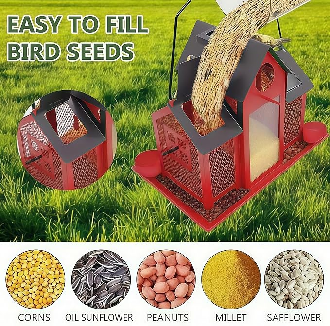Solar Bird Feeders House for Outside Hanging, Metal Wild Bird Feeder for Outdoors Large Capacity Cardinal Birdfeeder Birdhouses Metal Bird Feeding Station Red