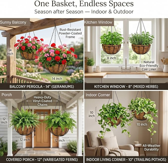 Kingbuy 10 Inch Metal Hanging Planter Basket with Coconut Liner Wire Plant Holder Watering Flower Baskets Round Pot Hanger Garden Decoration for Indoor Outdoor