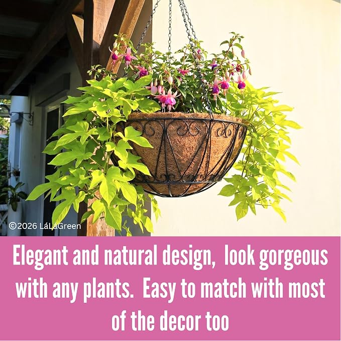 LaLaGreen Hanging Baskets for Plant Outdoor (18 Inch, 2 Pack) Large Black Metal Wire Hanging Planter with Coco Liner Round Flower Pot Hook Holder Hanger Deck Porch Modern Garden Balcony Country Decor