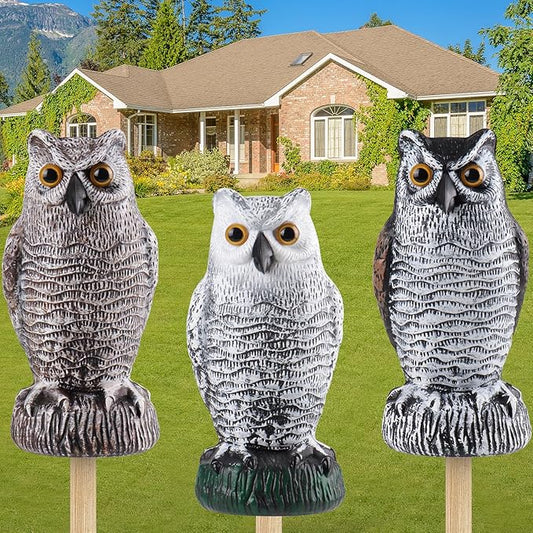 Fake Owl Decoy to Scare Birds Away, Plastic Garden Owl Scarecrow for Garden, Waterproof Owl Statue for Courtyard Orchard Doorway Roof Owl Decor 3 Pack