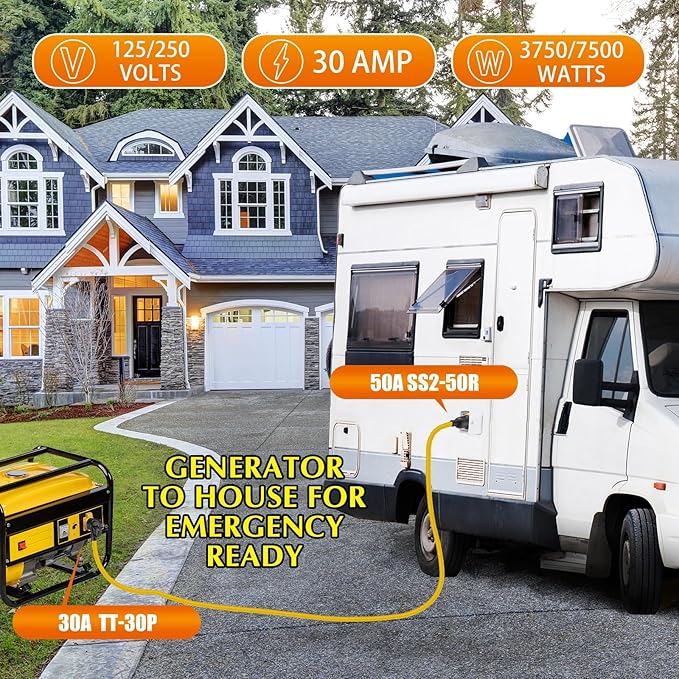 Tellegloww 15ft 30 Amp to 50 Amp RV Locking Adapter Cord Compatible with Nema TT-30P Male to SS2-50R, Locking Female Power Dog Bone Plug for RV Trailer Camper, STW 10 Awg/3c