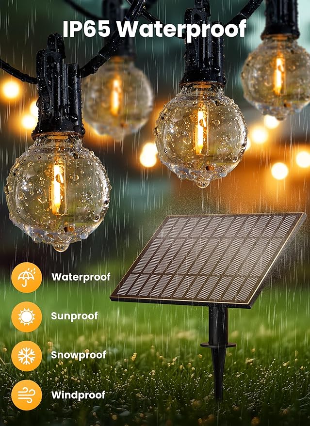Brightown 75FT Solar String Lights Outdoor with Remote and 36 LED Shatterproof Bulbs, Dimmable & Timable, 3 Light Modes, Solar Patio String Lights Outdoor for Cafe, Garden, Deck, Outside Wedding