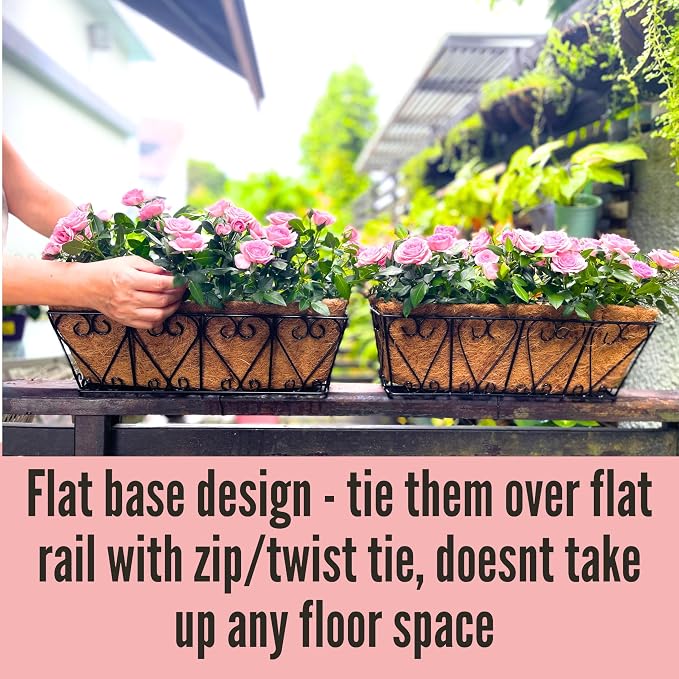 LaLaGreen Bundle- 2-Pack, 12 Inch Semi-Circle Basket with Coco Liner + 2-Pack, 16 Inch Rectangular Basket with Coco Liner, Wall Mount Hanging Flower Pot Plant Holder Rail Fence Balcony Patio Decor