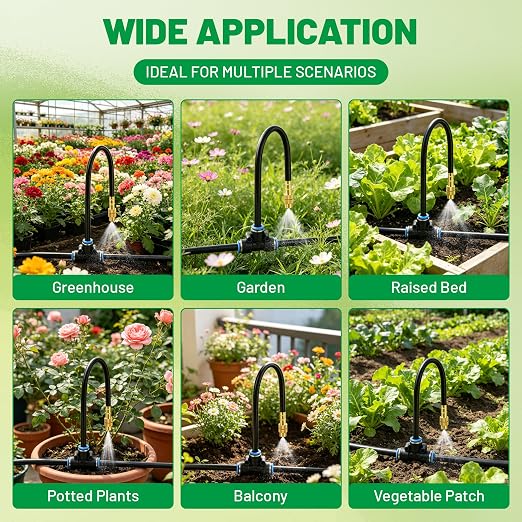 360° Adjustable Micro Drip Irrigation System, 32 Brass Sprinkler Heads & Bendable Stems, Automatic Watering Kit with 1/4" Tubing for Raised Bed, Lawn, Vegetable & Outdoor Plants (200ft)