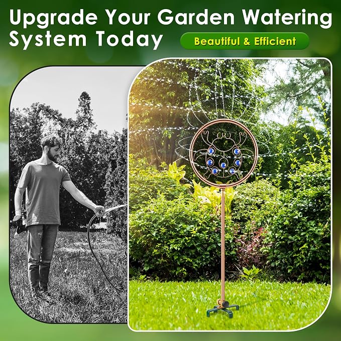 34" H Copper Coated Stainless Steel Ornamental Sprinkler, Corrosion Resistant Garden Rotating Sprinkler 360 Degree Shape Decorative for Lawn Garden Landscape (Ladybug)