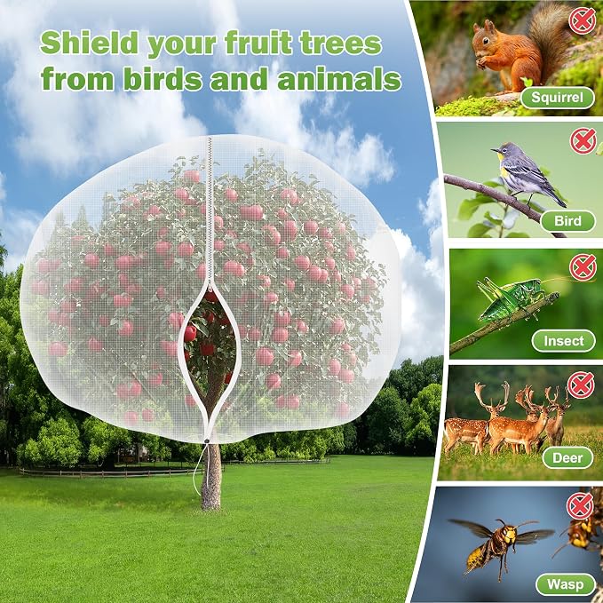 2 Pack 12x12 FT Fruit Tree Netting with Zipper and Drawstring - Heavy-Duty Fine Mesh Garden Bird Netting for Fruit Trees, Protect Fruits from Birds, Squirrels,Insects,Deer & Pests