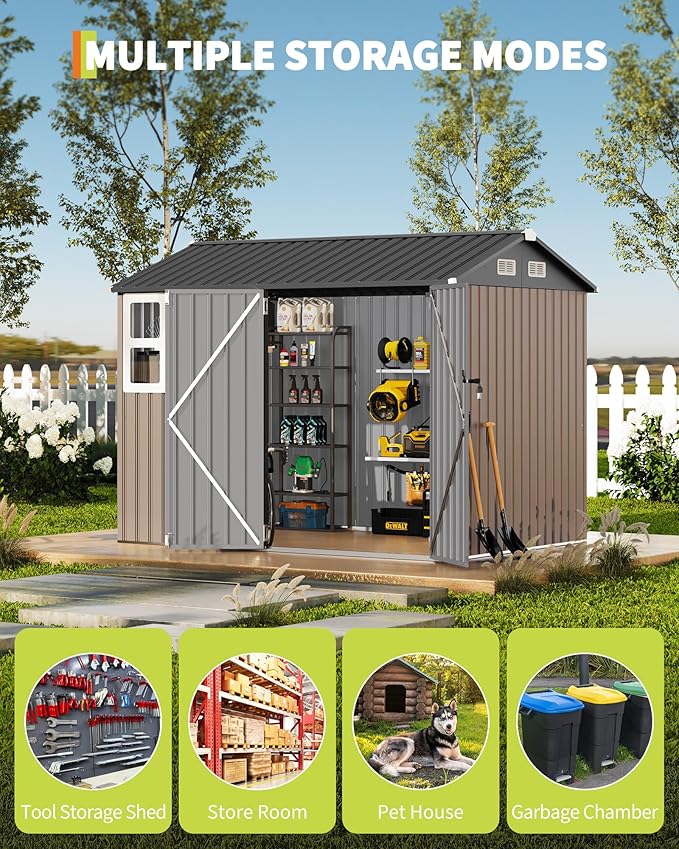 6x8FT Metal Storage Shed with Sloped Roof, Lockable Doors, Solar Light, Windows, and Vents, Outdoor Storage Sheds for Garden, Backyard, Patio Tools and Equipment