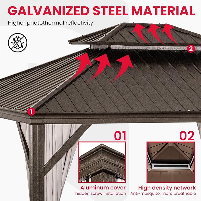 PAMAPIC 10x12FT Premium Hardtop Gazebo, 2-Tier Galvanized Steel Roof with Aluminum Frame, UV-Proof Curtains & Mosquito Netting, All-Weather Outdoor Pavilion for Backyard, Garden & Parties,Brown