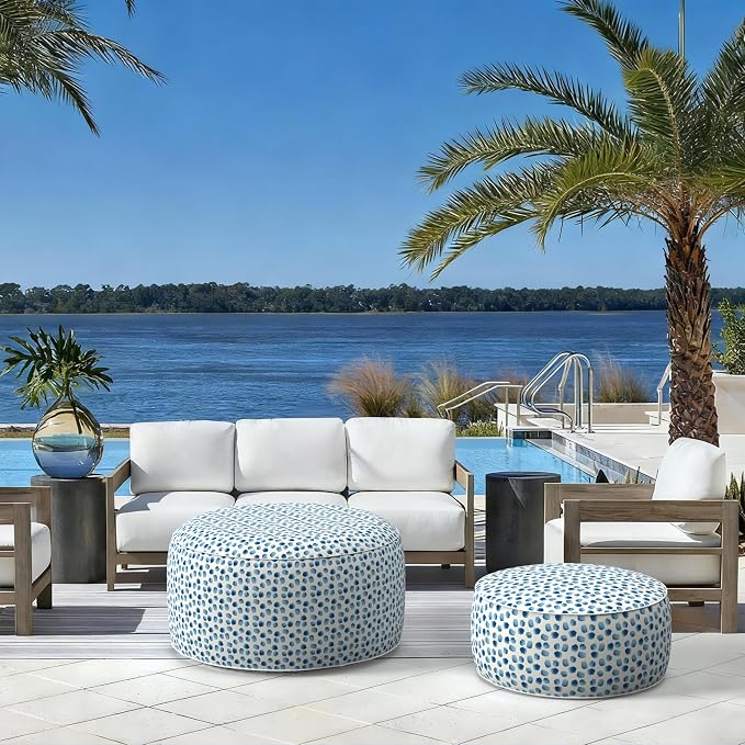 LVTXIII Indoor/Outdoor Large Inflatable Ottoman Pouf D31 x H14 Inch, Round Footstool with Handle, Weather-Resistant Portable Furniture for Patio, Camping, Beach, Brush Blue