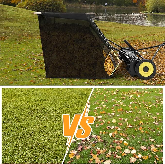 Garvee 50 in Lawn Sweeper Tow Behind, 26 cu.ft. Large Pull Behind Grass Sweeper, Heavy Duty Leaf & Grass Collector with Dumping Rope Design, Adjustable Sweeping Height for Picking Up Debris & Grass