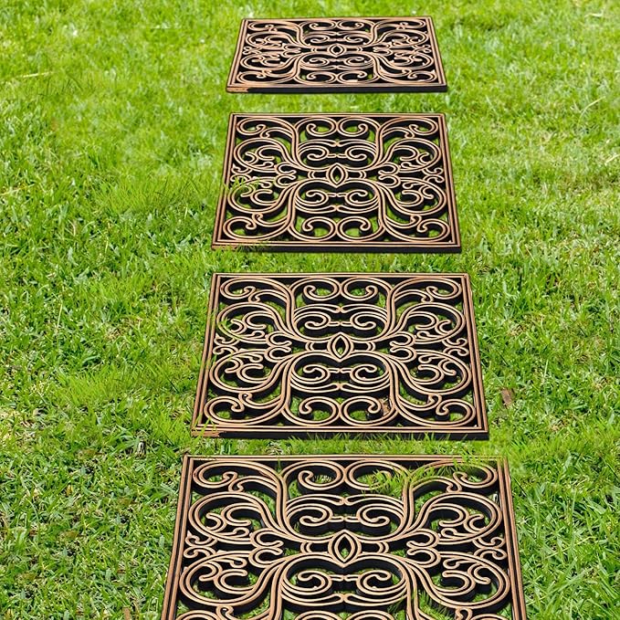 Pangda 16 Pcs Rubber Stepping Stones Outdoor Garden Walkway, 12 x 12 Inch Heavy Duty Pathway Pavers Retro Decorative Stepping Stones for Outside Landscaping Yard Lawn Path (Scroll Square,Copper)