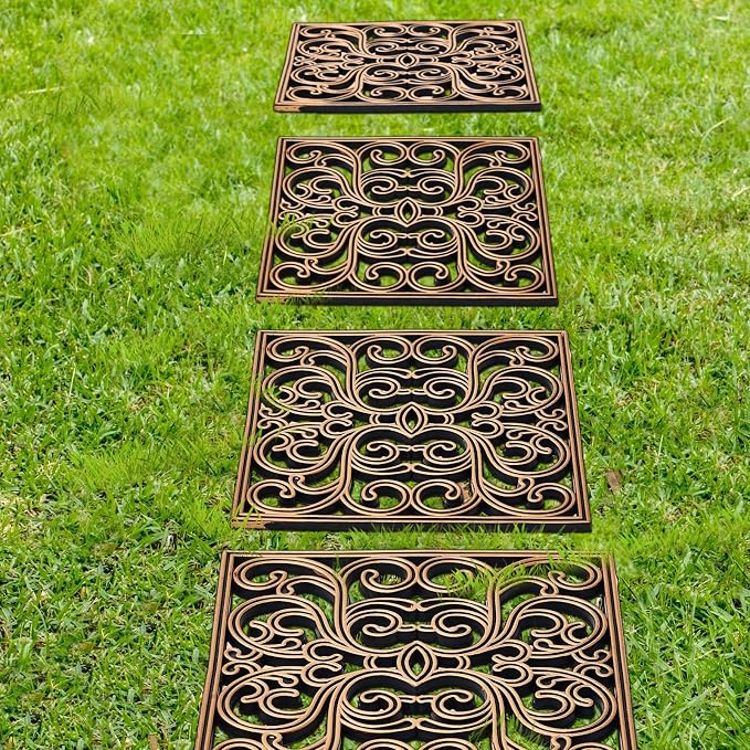 Pangda 8 Pcs Rubber Stepping Stones Outdoor Garden Walkway, 12 x 12 Inch Heavy Duty Pathway Pavers Retro Decorative Stepping Stones for Outside Landscaping Yard Lawn Path (Scroll Square,Copper)