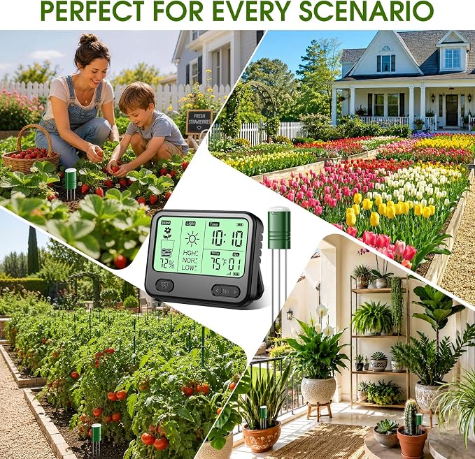 Soil Moisture Meter for Plants,4-in-1 Wireless Soil Tester,Soil Thermometer/Moisture/Sunlight Time,Large Screen,Indoor/Outdoor Plant Water Meter,Garden Soil Test Kit for Lawn,Farm,Houseplants