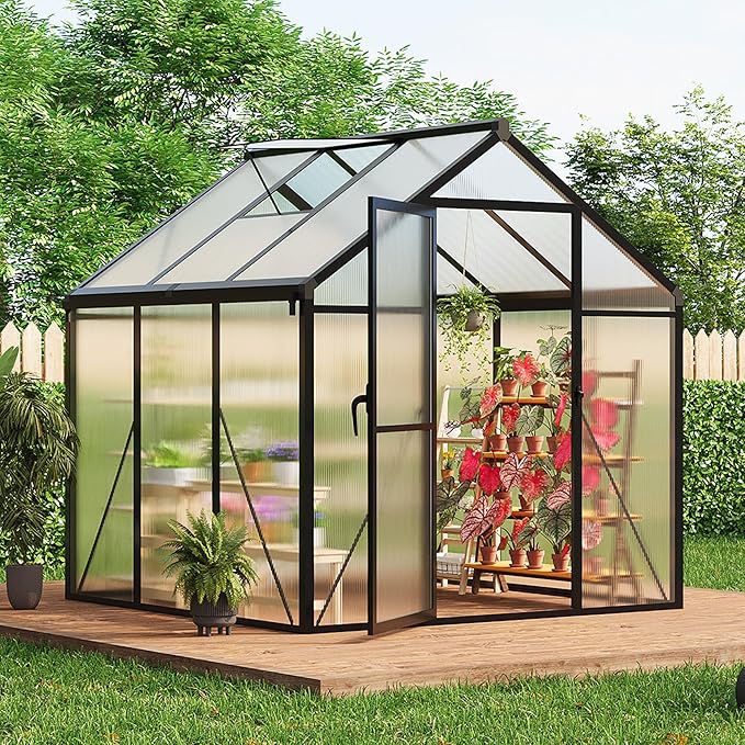 6×6 FT Greenhouse, Large Walk in Greenhouses for Outdoors and Garden Planting, Polycarbonate Greenhouse with Enhanced Aluminum Frame, Green Houses with Quick Setup Structure and Roof Vent, Black