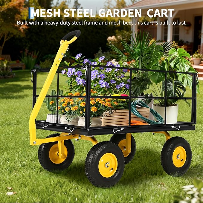 Heavy Duty 1500 Lbs Capacity Mesh Steel Garden Cart Folding Utility Wagon with Removable Sides, Garden Cart on Wheels for Gardening Soil, Tools, and Plant Transport