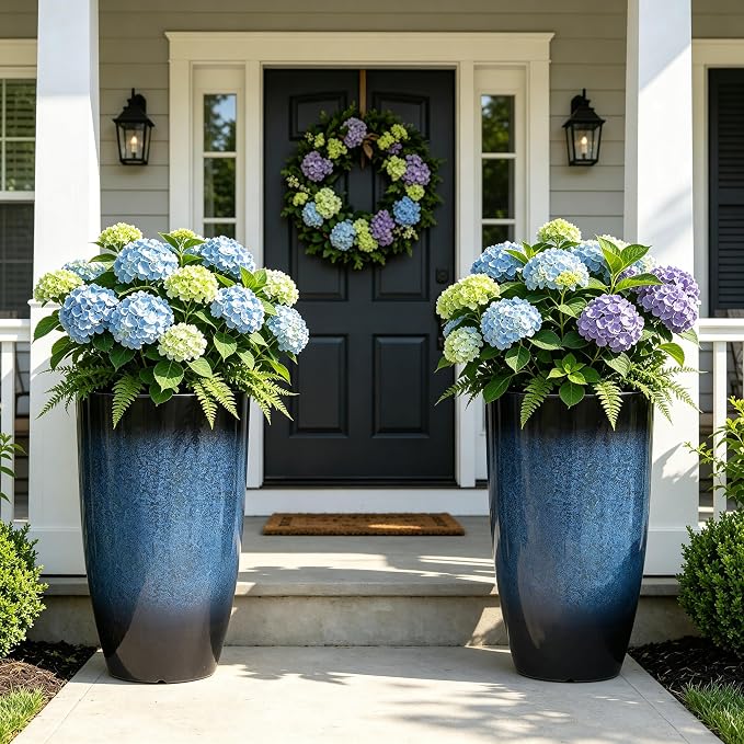 23.75" H Large Tall Outdoor Planters, Set of 2 Plastic Large Flower Pots for Outdoor Plants, with Gradient Cobalt Bule Finish, Weather-Resistant for Porch, Garden, Patio or Indoor Use