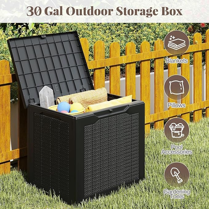 Tangkula 30 Gallon Outdoor Storage Box, Resin Outdoor Storage Bench with Lockable Lid, Waterproof Deck Box for Garden Tools, Pool Accessories, Cushions