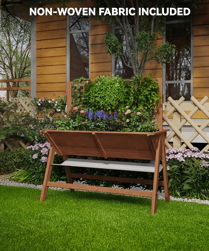 GarveeHome 52x30x54 in Raised Garden Bed with Legs, Elevated Wooden Raised Planter Box with Vine Climbing Trellis Outdoor Standing Growing Bed for Growing Vegetables Flowers Herbs