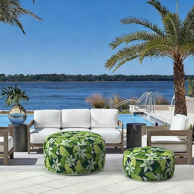 LVTXIII Indoor/Outdoor Large Inflatable Ottoman Pouf D31 x H14 Inch, Round Footstool with Handle, Weather-Resistant Portable Furniture for Patio, Camping, Beach, Jungle Leaves