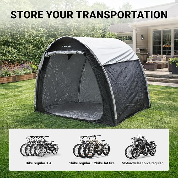 Himiway Bike Storage Shed Tent with Double Doors for 3-4 Bikes PU4000 Silver Coated Waterproof Anti-Dust 210D Oxford Fabric Portable Foldable Outdoor Bicycle Cover Shelter Carry Bag for Home Garden