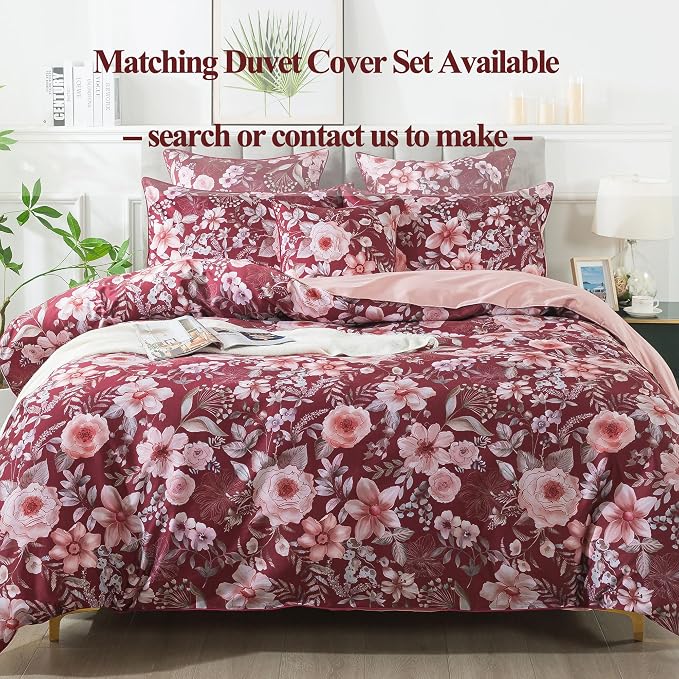 FADFAY Rose Floral Sheets Cal King Vintage Red Floral Bedding Shabby Pink Peony Sheets Farmhouse Bedding 800 Thread Count 100% Egyptian Cotton Soft Deep Pocket Fitted Sheet 4Pcs, California King Size
