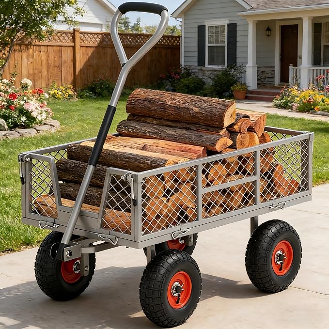 Heavy Duty 900 lbs Capacity Garden Cart Wagon with 10" Pneumatic Tires & Removable Mesh Sides - 180° Rotating Handle, 4 Cu.Ft Utility Wagon for Yard, Garden, Hauling, All Terrain Outdoor Use