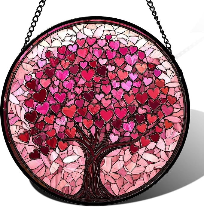 Stained Glass Window Hanging, Birthday Gifts for Women Mom Grandma Nana Wife Couple, Pink Love Tree Suncatcher for Doors Window Home Sun Catchers Gifts Decor 14.9 in