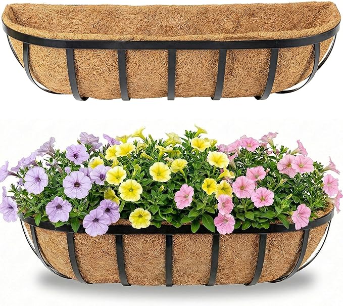 HFHOME 2 Pcs 24" Window Box Deck Railing Planter with Horse Trough Coco Liners, Black Metal Hanging Flower Planters Baskets for Indoor, Outdoor, Balcony, Porch, Fence, Patio, and Lawn